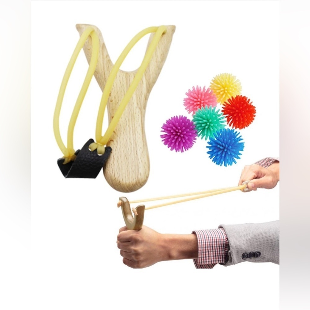 Wooden Slingshot with Colorful Spiky Balls
